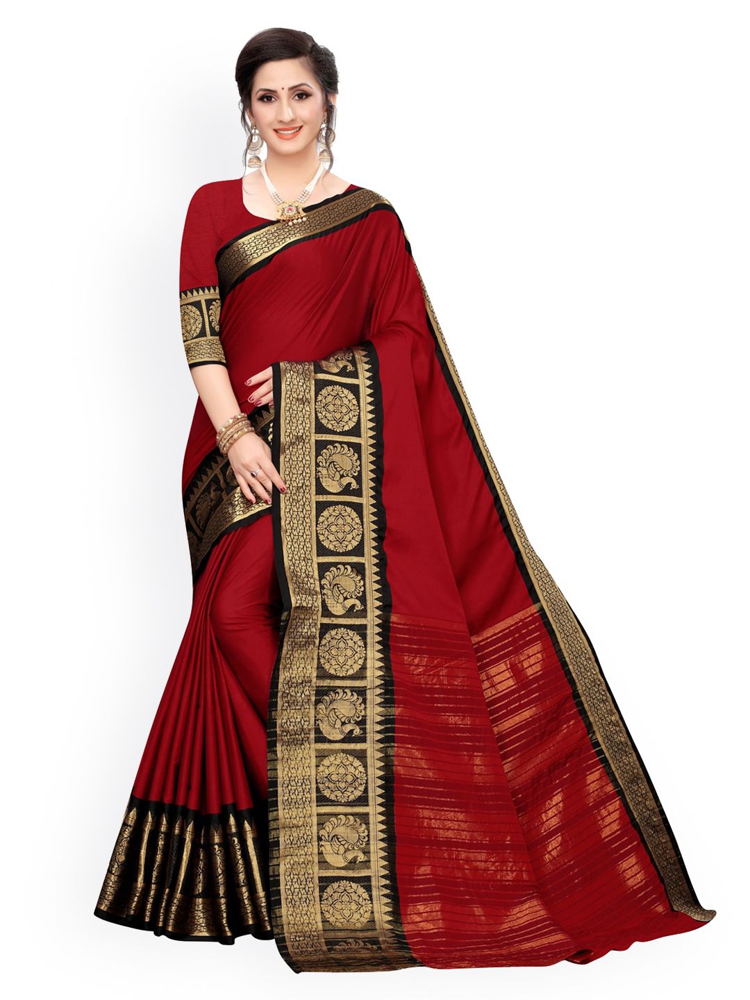 KALINI Maroon Poly Silk Solid Banarasi Saree