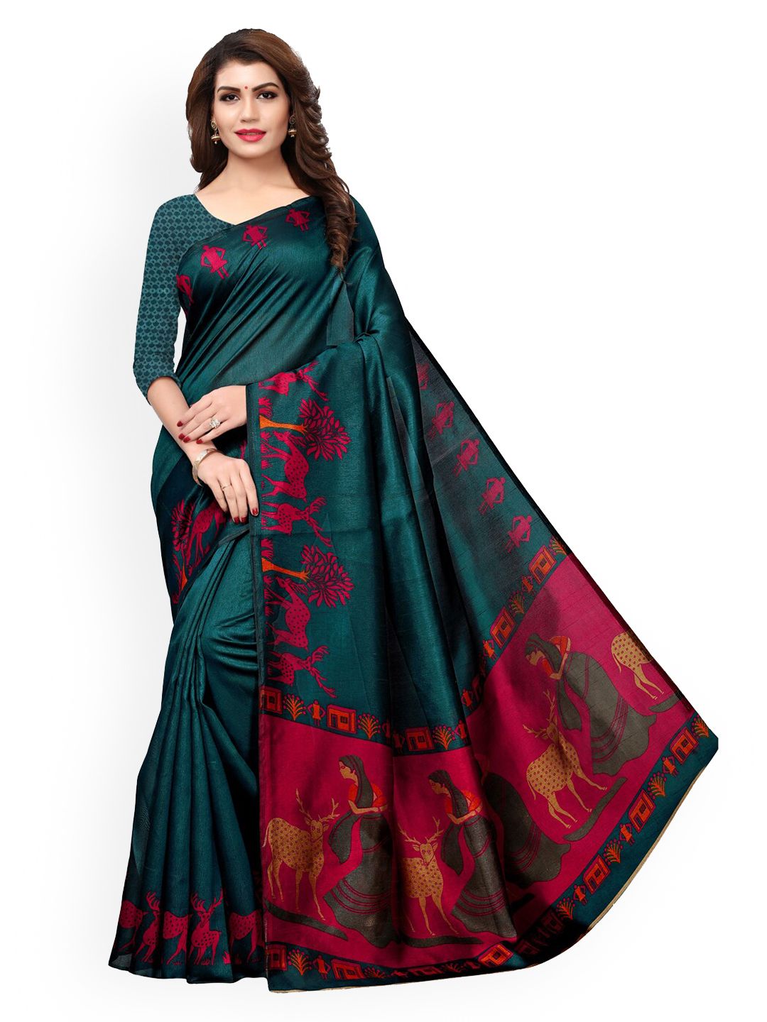 KALINI Teal & Red Art Silk Solid Saree