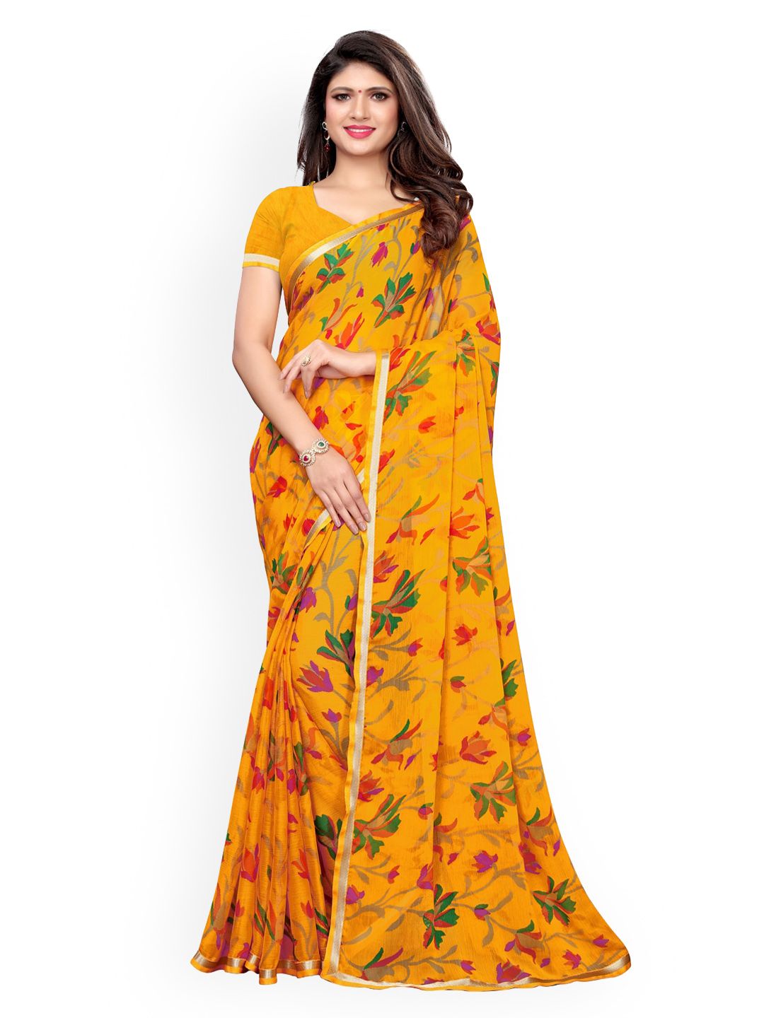 KALINI Yellow Printed Pure Chiffon Saree