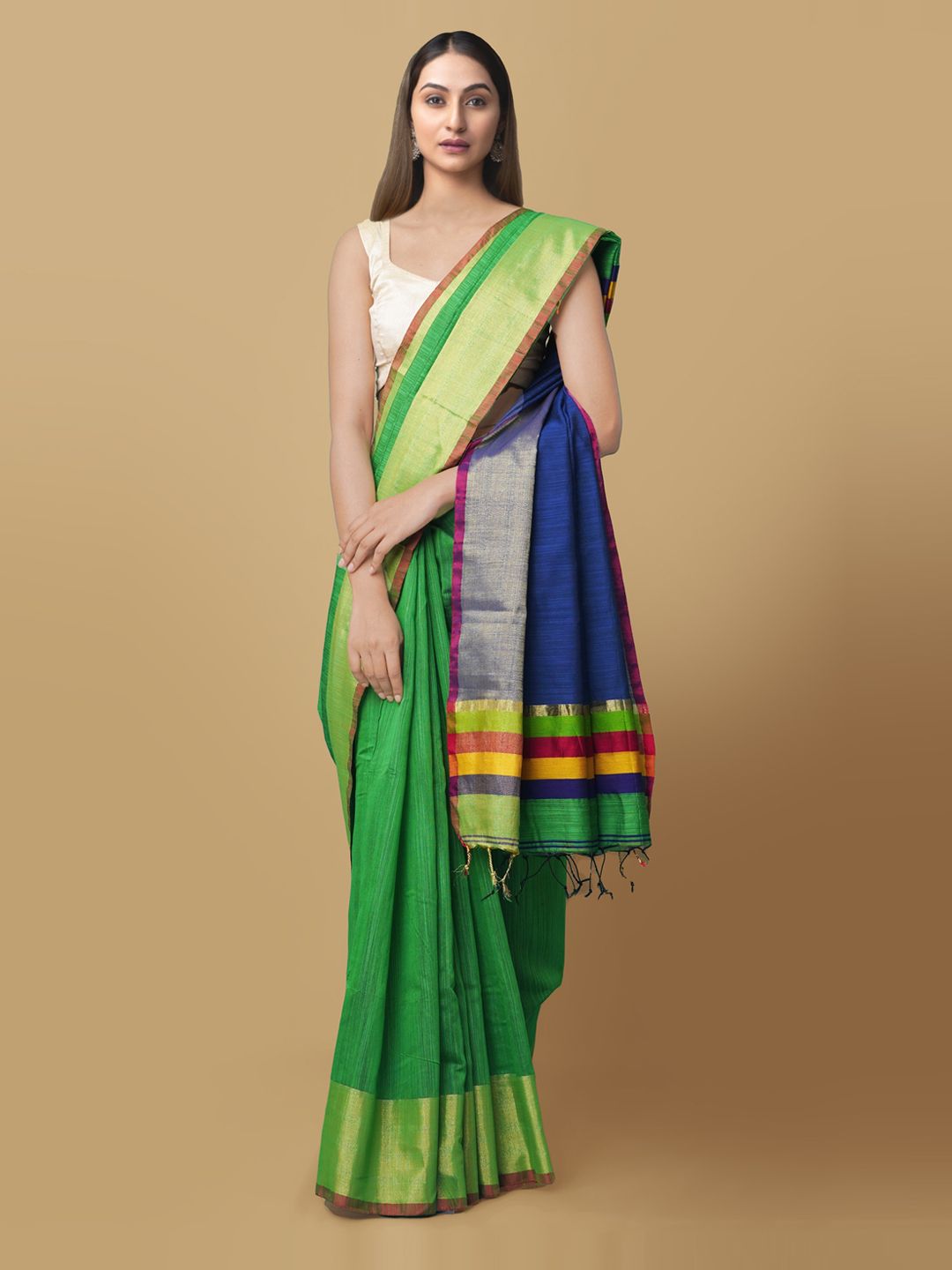 Unnati Silks Green & Blue Silk Cotton Solid Kanjeevaram Saree