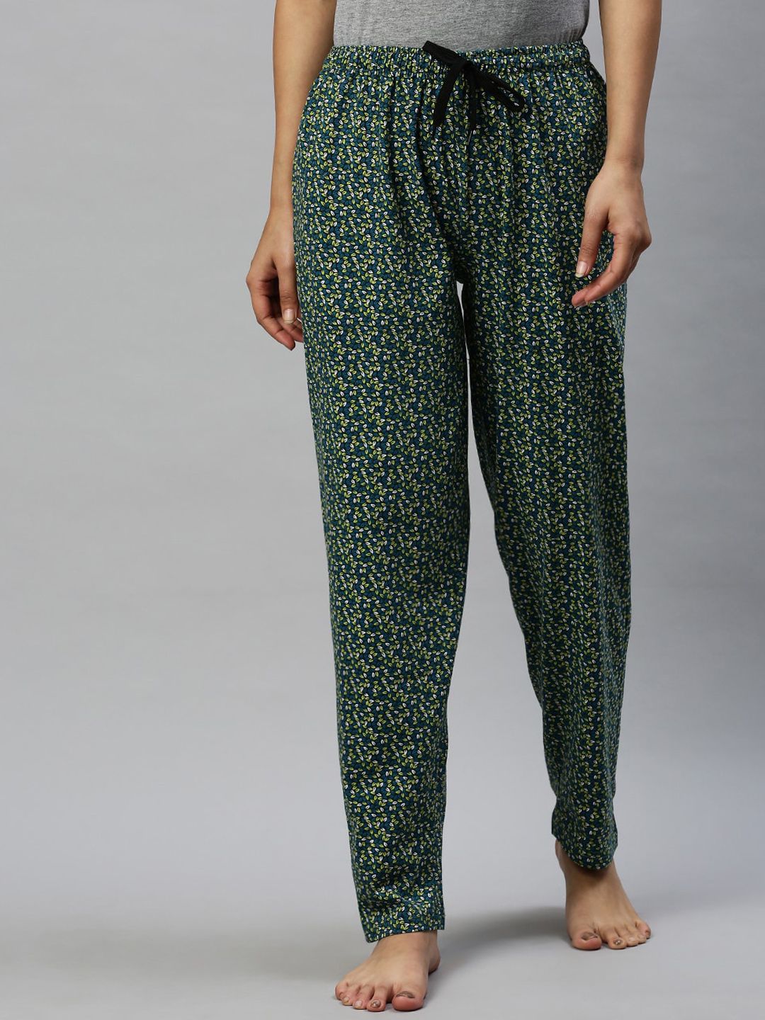 Kryptic Women Black & Green Leaf Printed Lounge Pants Price in India