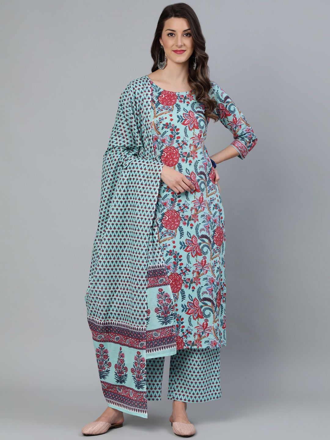 Nayo Women Sea Green Printed Straight  Kurta With Plazzo & Dupatta Price in India