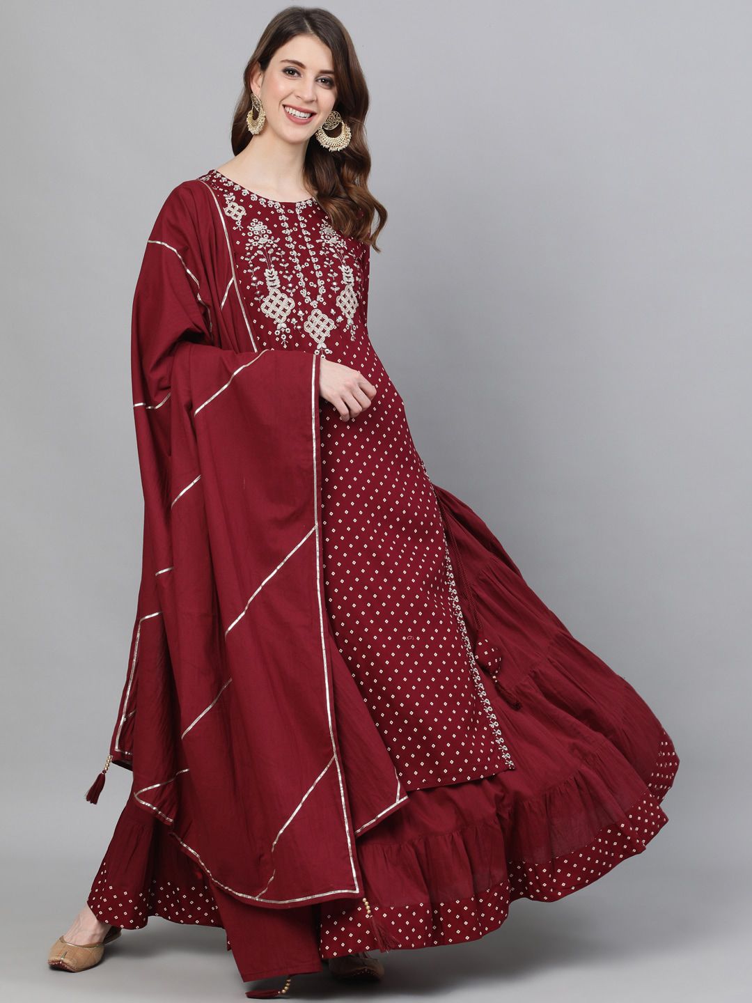 Ishin Women Maroon Yoke Embroidered Straight Kurta Skirt Dupatta Set Price in India