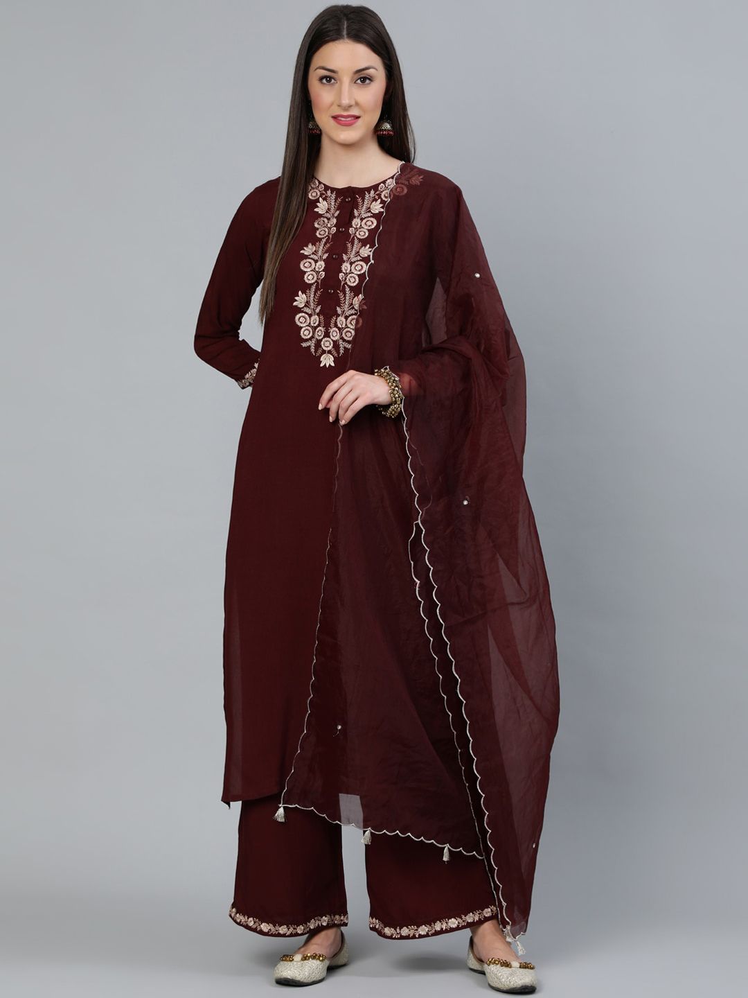 Nayo Women Coffee Brown Embroidered Straight Kurta Plazzo & Scalloped Dupatta Price in India