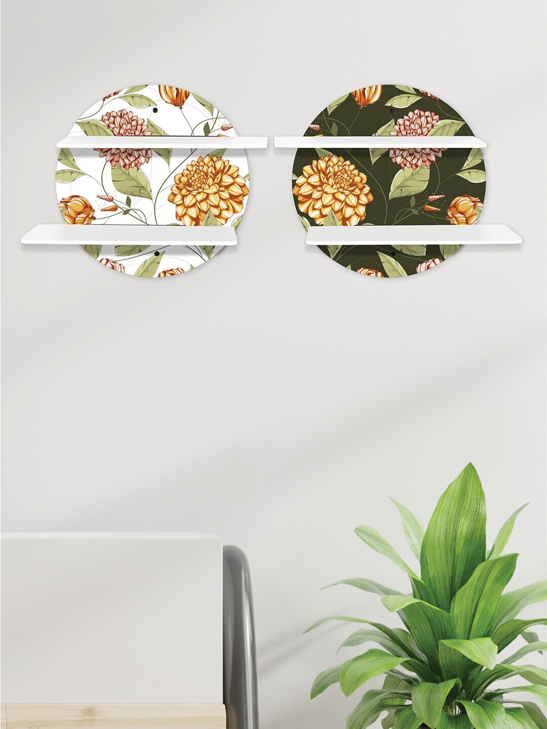 RANDOM Set of 2 Multicoloured Printed MDF Circular Wall Shelf With White Plates Price in India