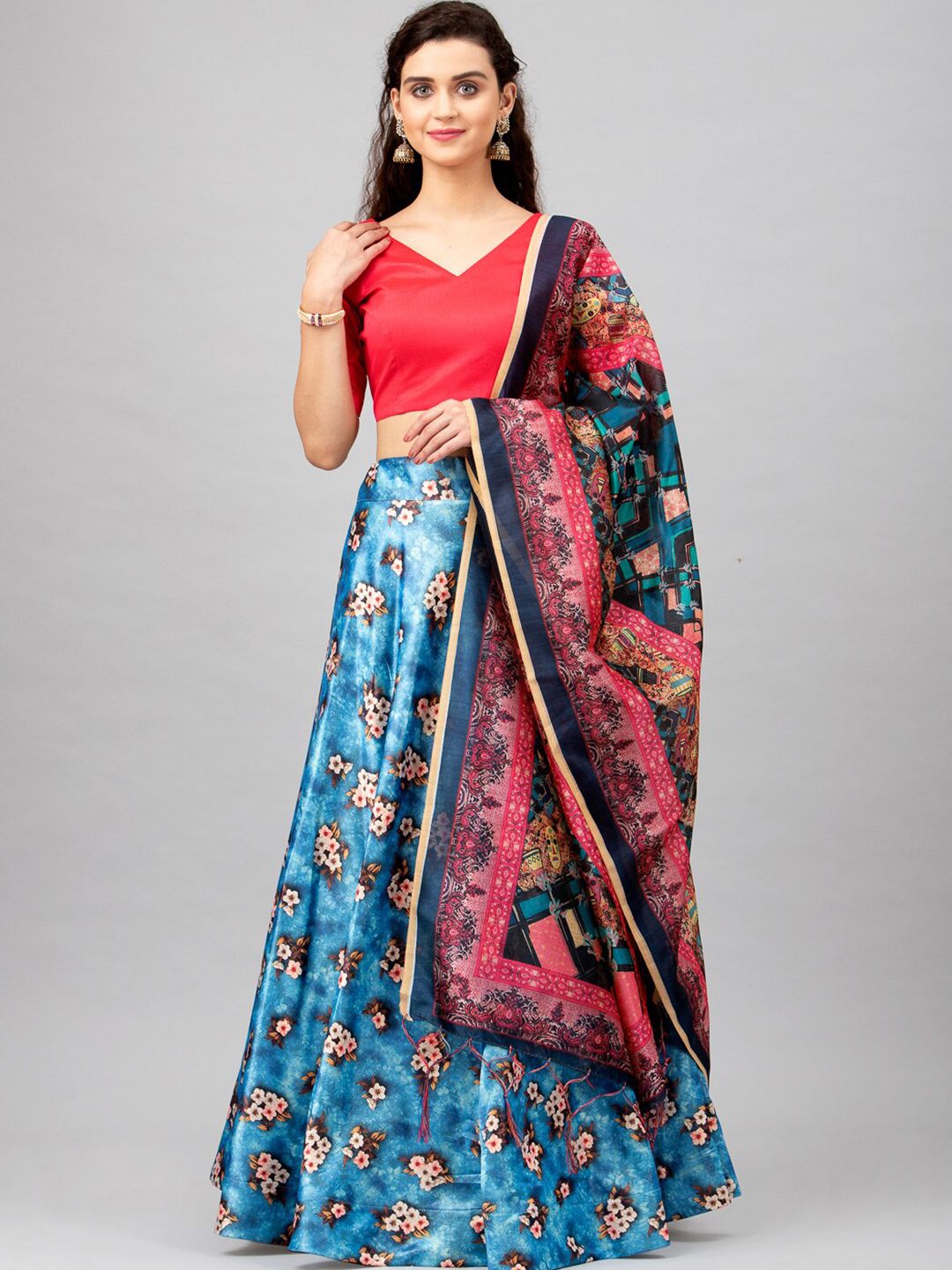 Satrani Blue & Red Solid Semi-Stitched Lehenga & Unstitched Blouse with Dupatta