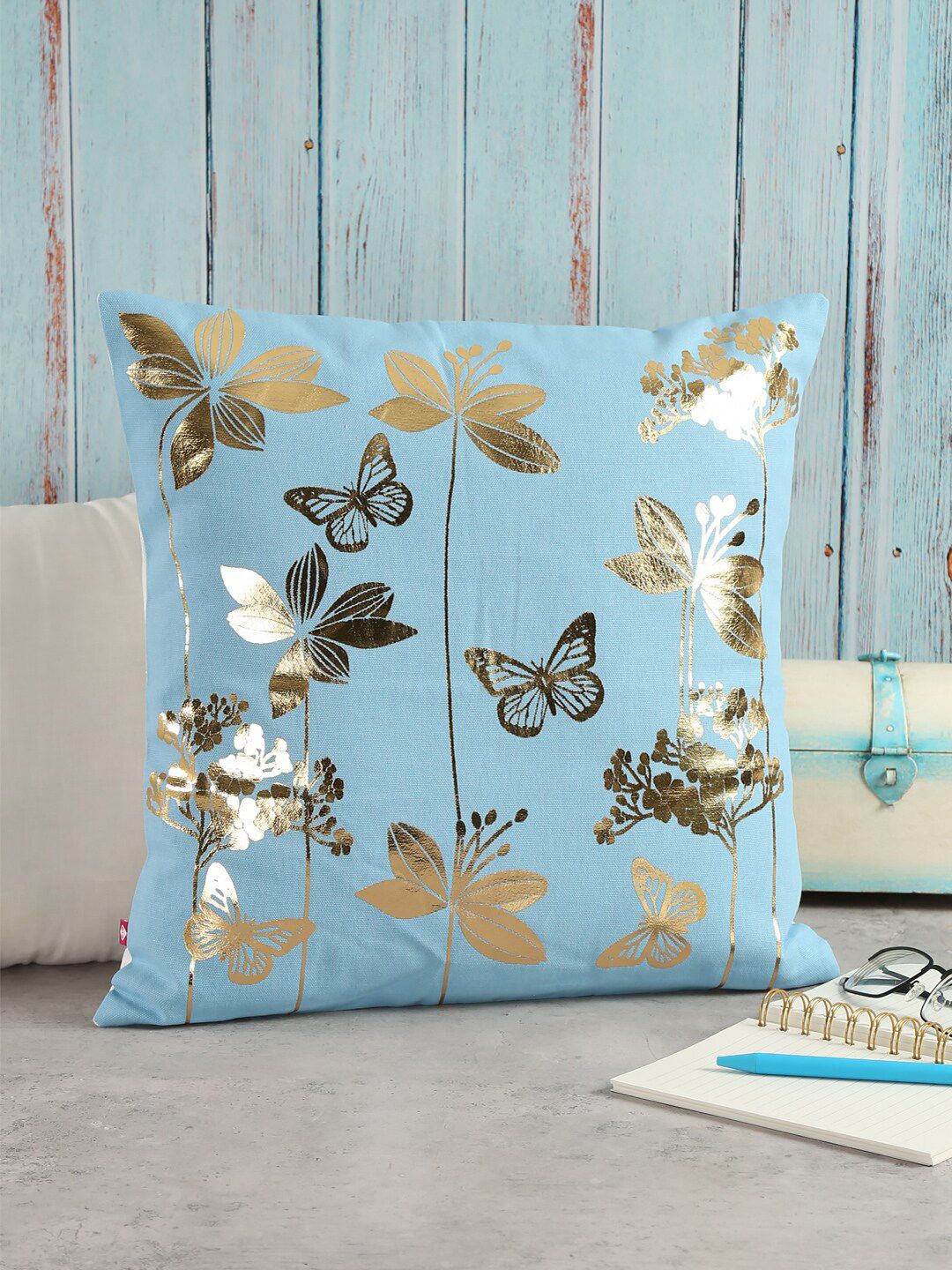 India Circus by Krsnaa Mehta Turquoise Blue & Gold Single Butterfly Foil Cushion Cover Price in India