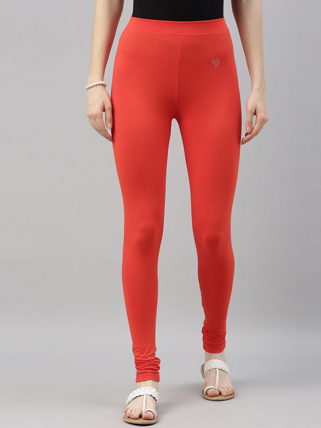 TWIN BIRDS Women Coral Red Solid Churidar-Length Leggings Price in India
