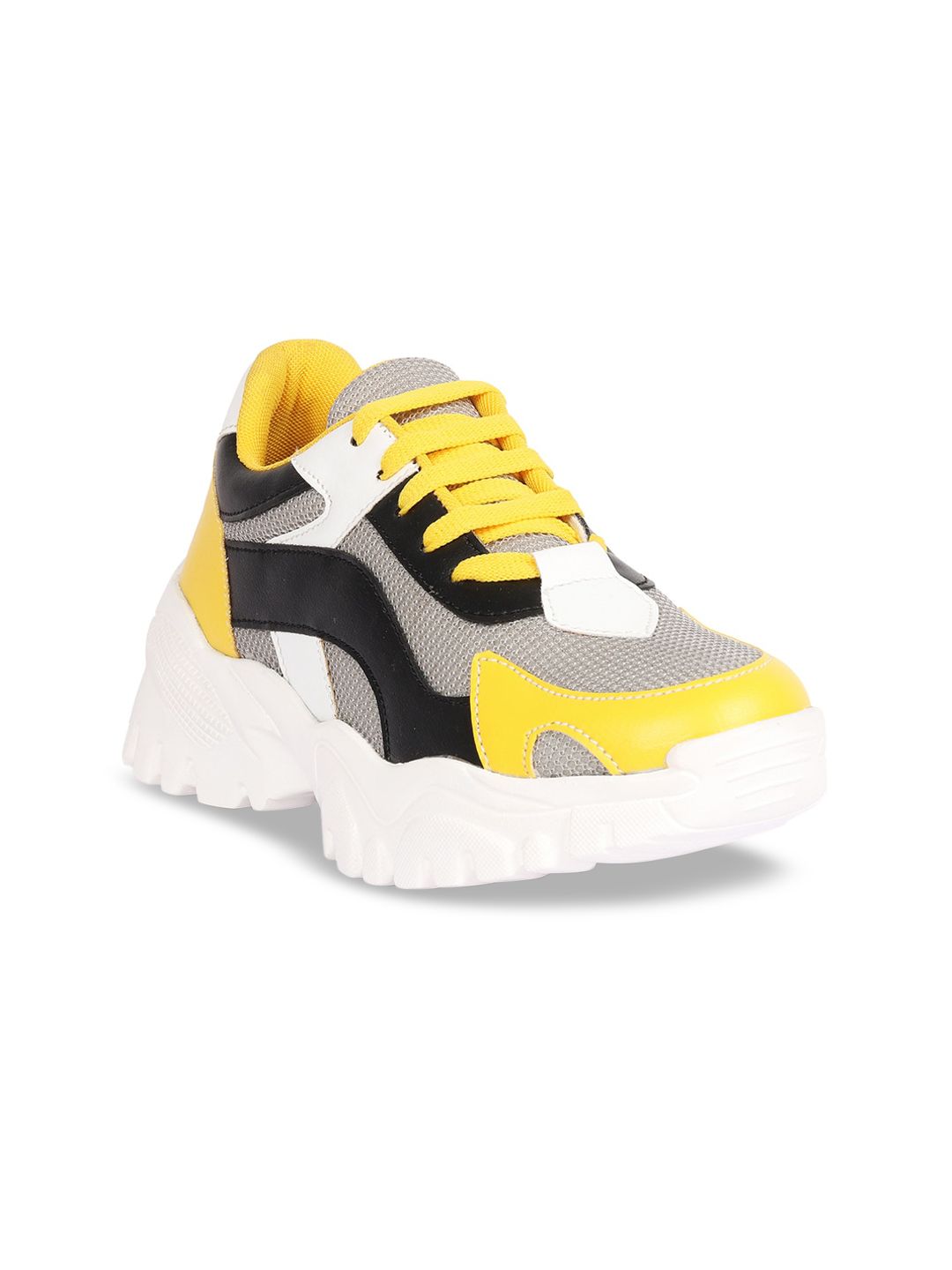 ZAPATOZ Women Grey & Yellow Colourblocked PU Sneakers Price in India