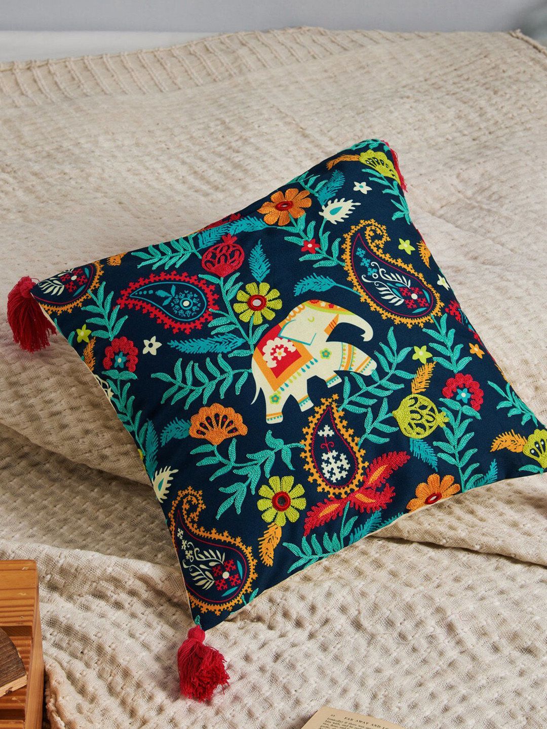 Chumbak Blue & Pink Single Ethnic Motifs Square Cushion Cover Price in India