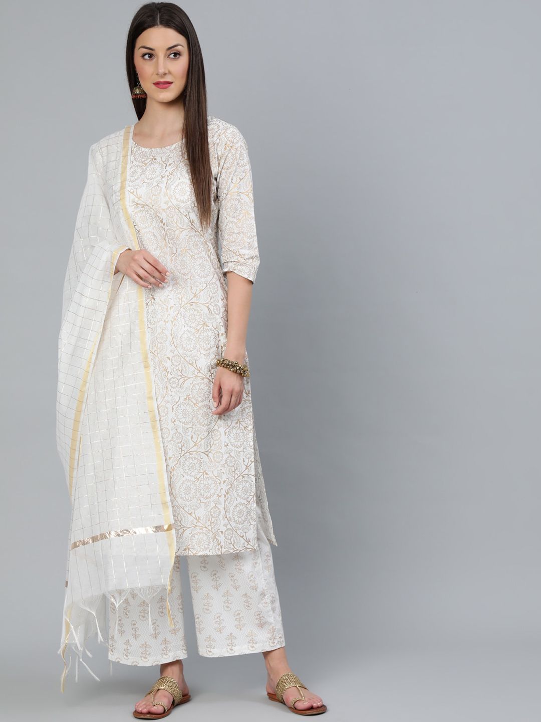 Nayo Women Off-White Printed Straight Kurta With Plazzo  & Dupatta Price in India