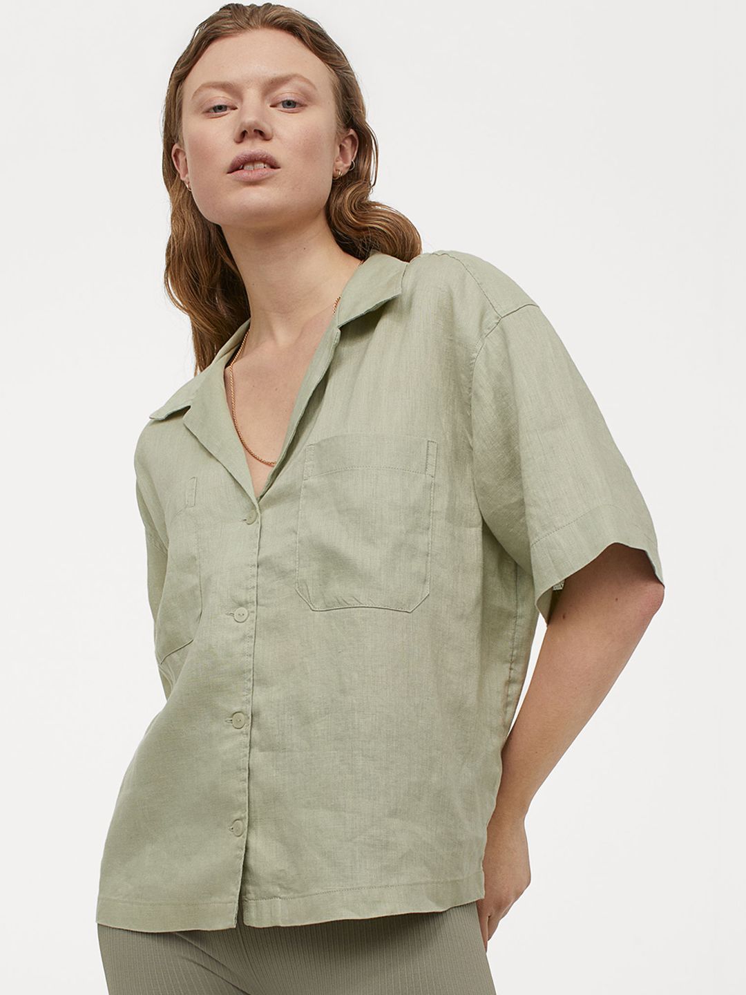 H&M Women Green Solid Linen Resort Shirt