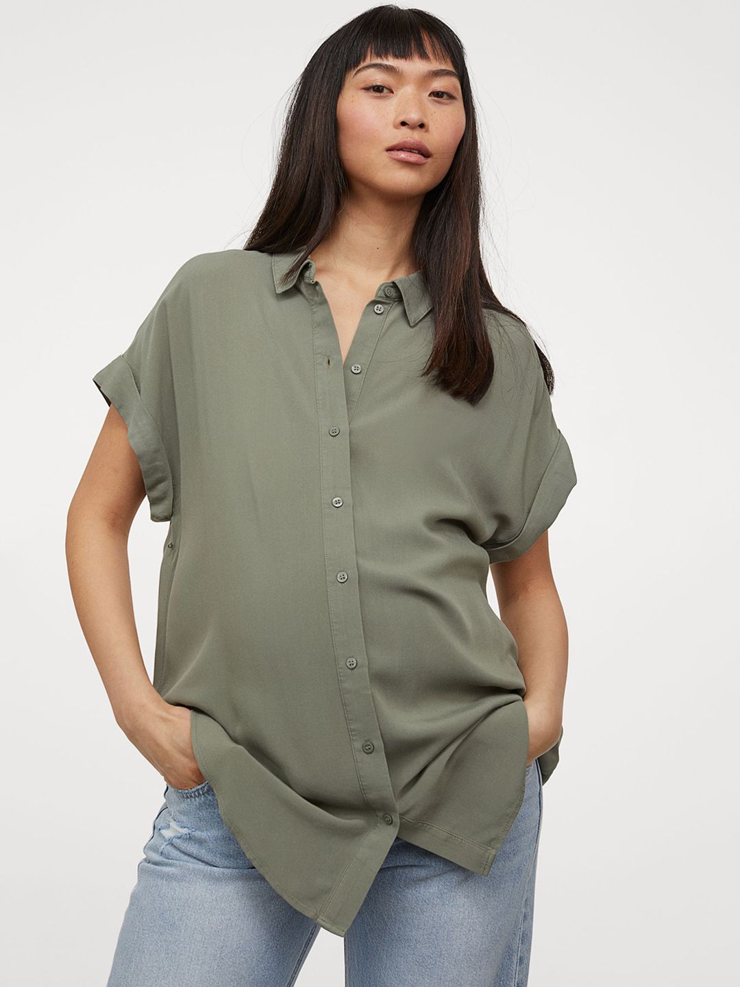 H&M MAMA Olive Green Solid Tie-Belt Shirt