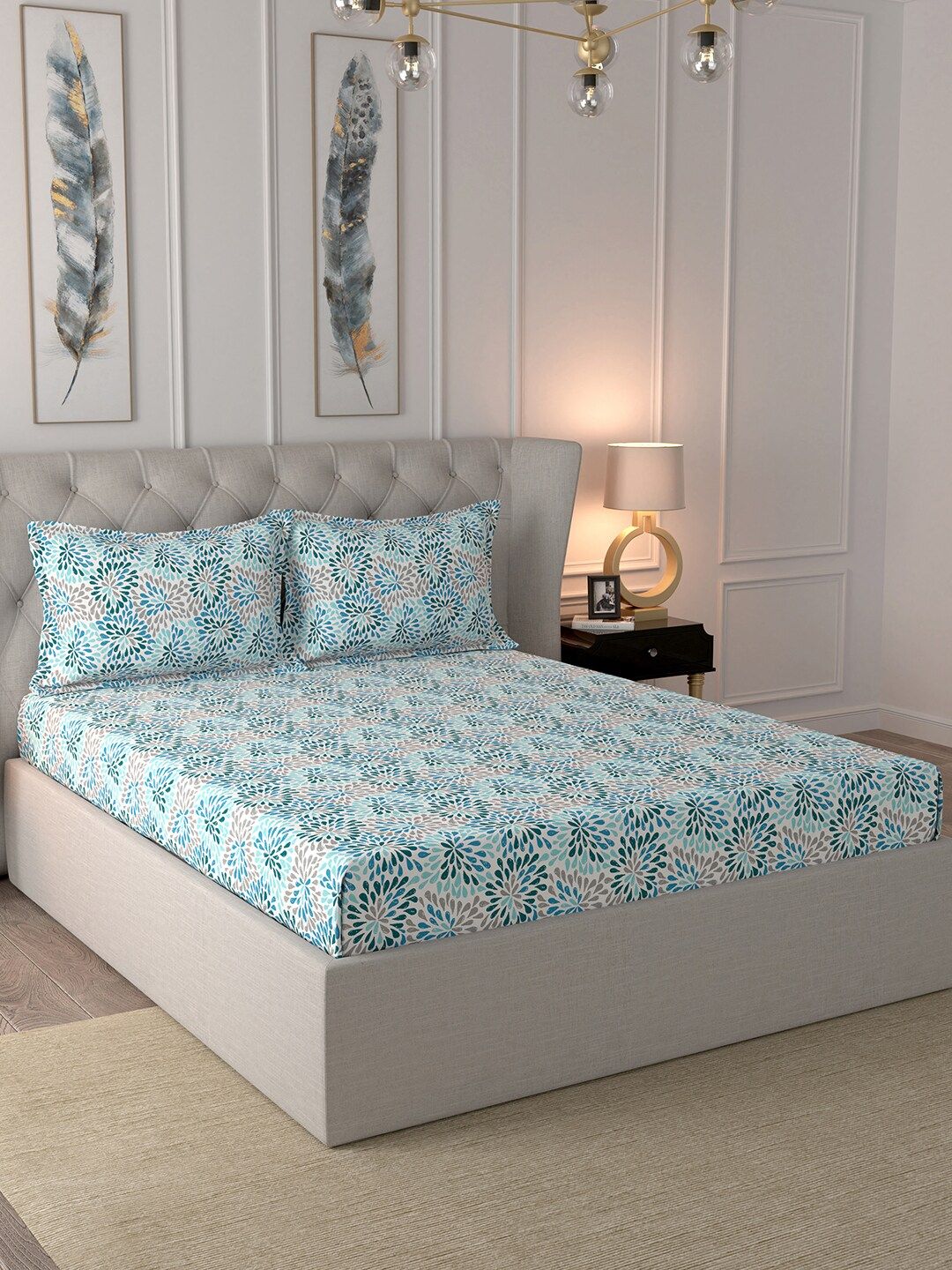 In-House by maspar White & Blue Abstract 144 TC Cotton 1 Queen Bedsheet with 2 Pillow Covers Price in India