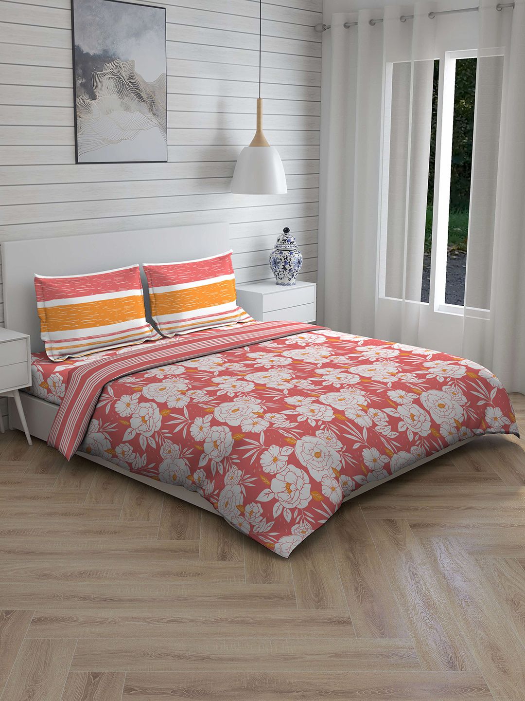 Boutique Living India Coral-Coloured & White Floral Printed 148 TC 100% Cotton Double King Bedding Set Price in India