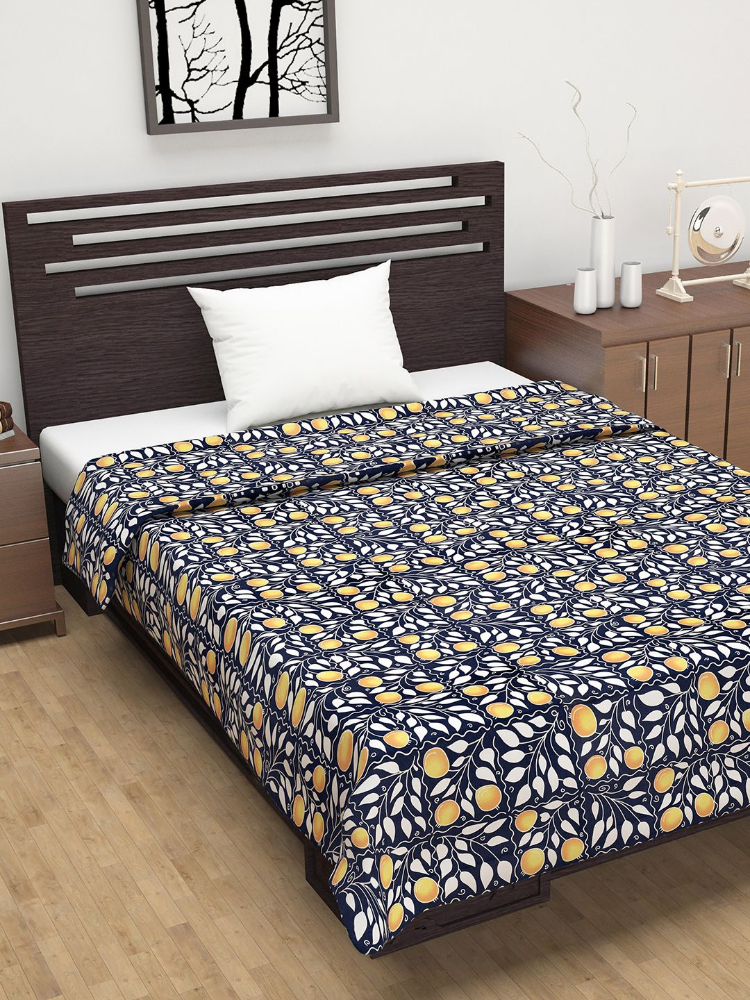 Divine Casa Navy Blue & White Floral AC Room 110 GSM Single Bed Dohar Price in India