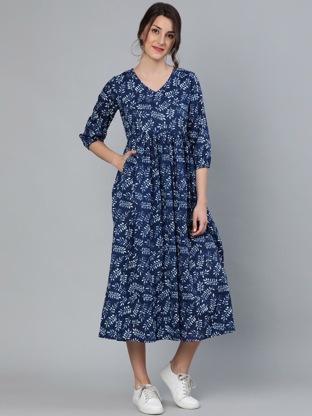 Nayo Blue Tropical Fit and Flare Cotton Dress Price in India