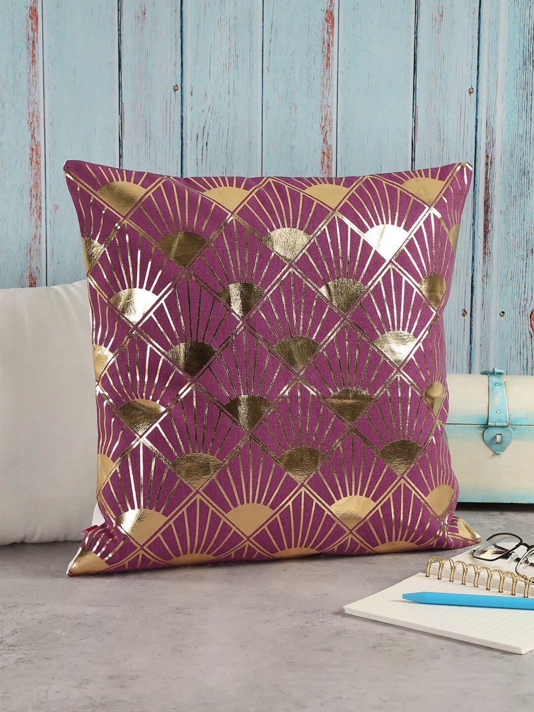 India Circus by Krsnaa Mehta Purple & Gold-Toned Single Geometric Square Cushion Cover Price in India