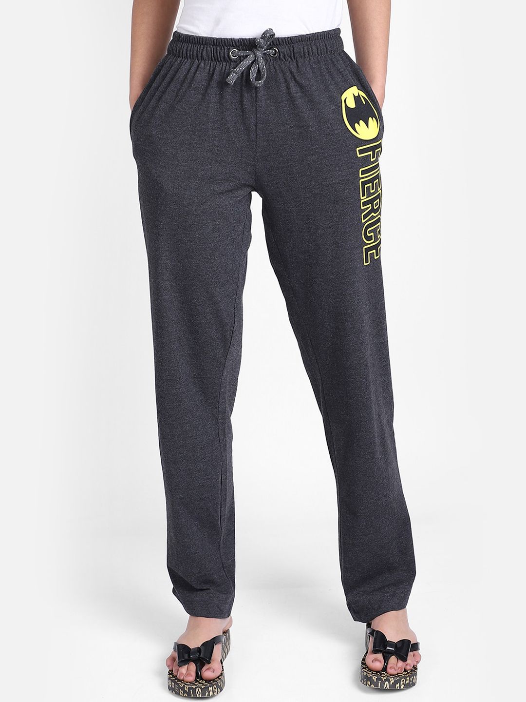 Free Authority Women Charcoal Grey & Yellow Batman Printed Lounge Pants Price in India