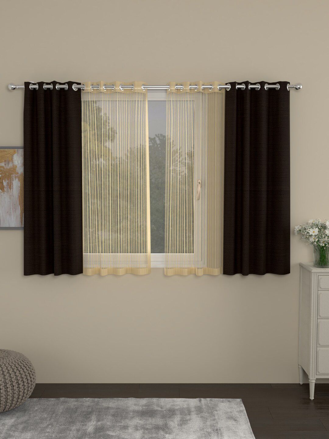 ROSARA HOME Coffee Brown & Gold-Toned Set of 4 Window Curtains Price in India