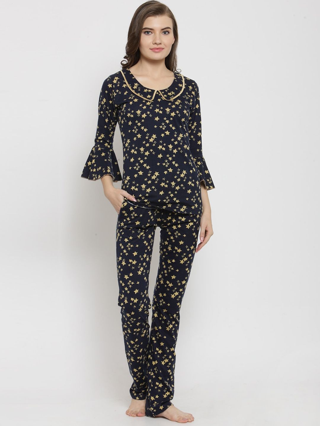 Claura Women Navy Blue & Yellow Printed Cotton Night suit Price in India