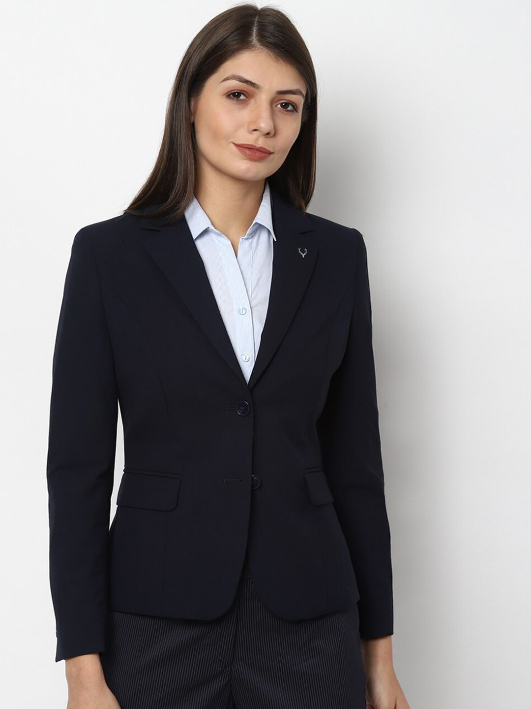 Allen Solly Woman Women Navy Blue Solid Slim-Fit Single-Breasted Blazer Price in India