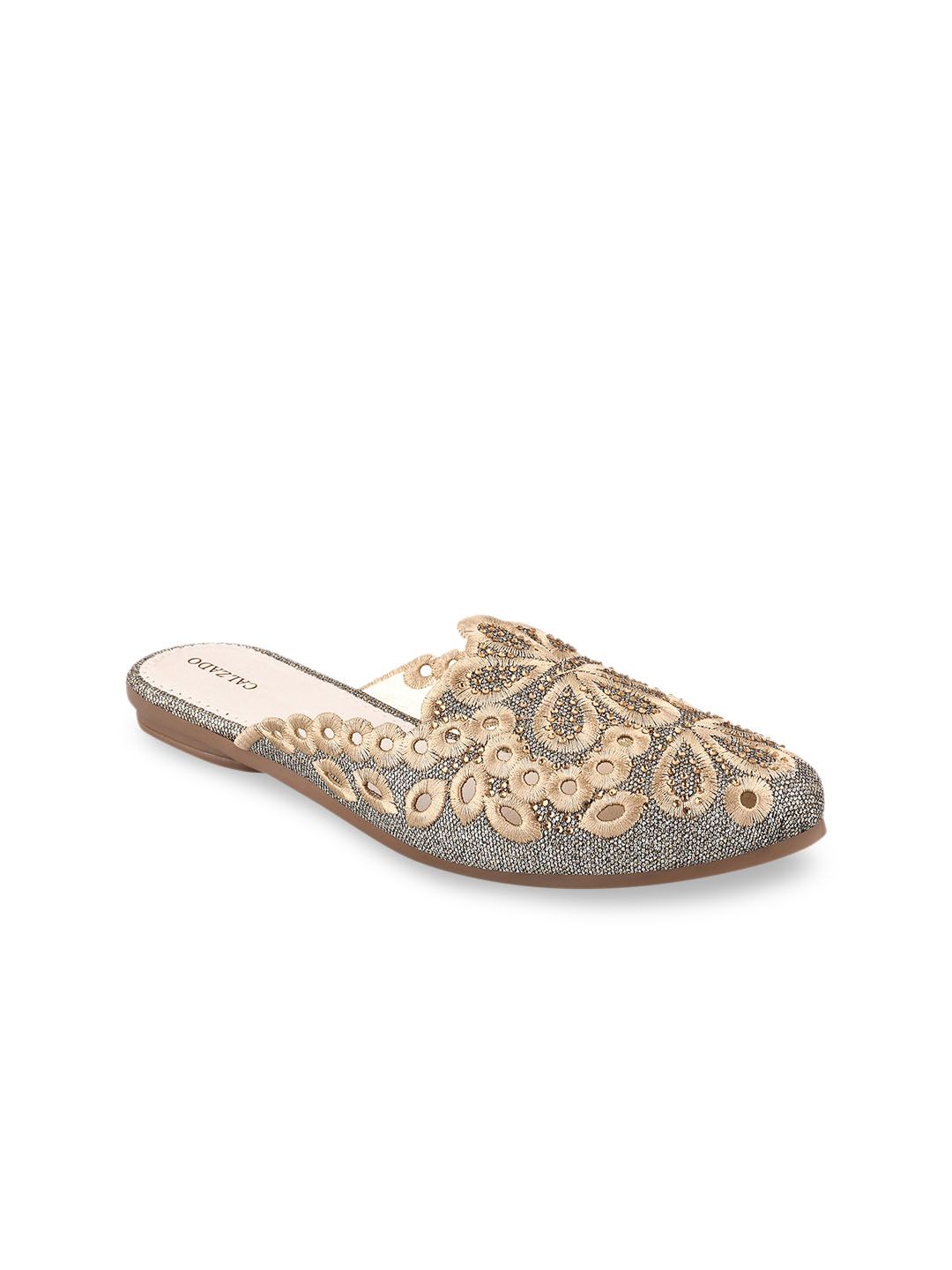 CALZADO Women Gunmetal-Toned Embellished Mules