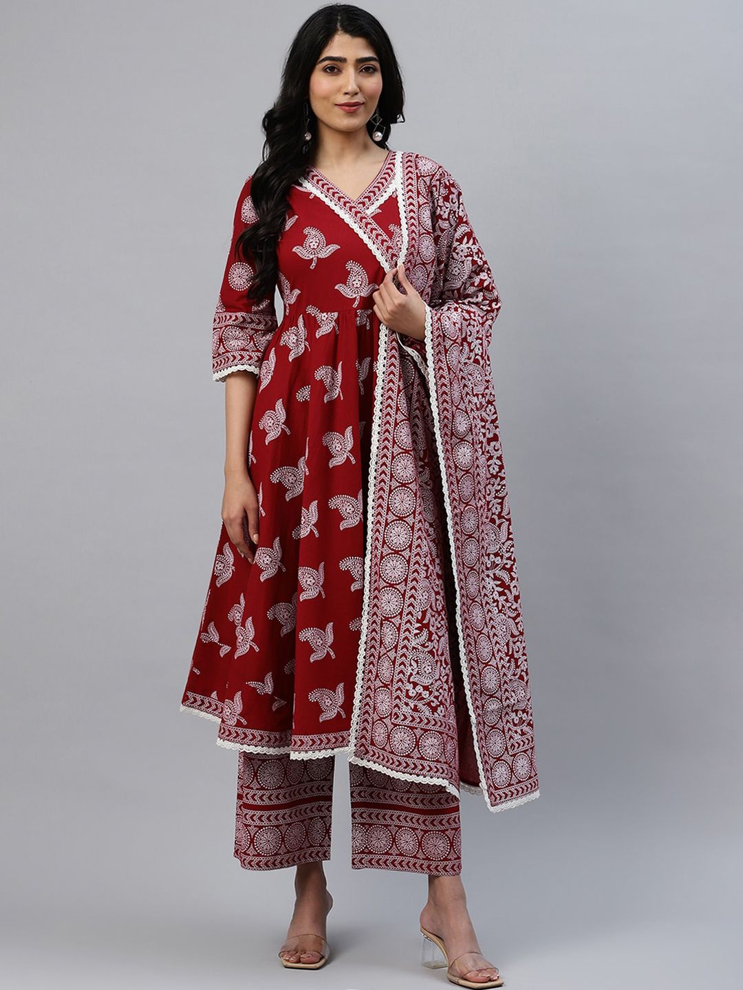Libas Women Maroon Printed Kurta with Palazzos & Dupatta
