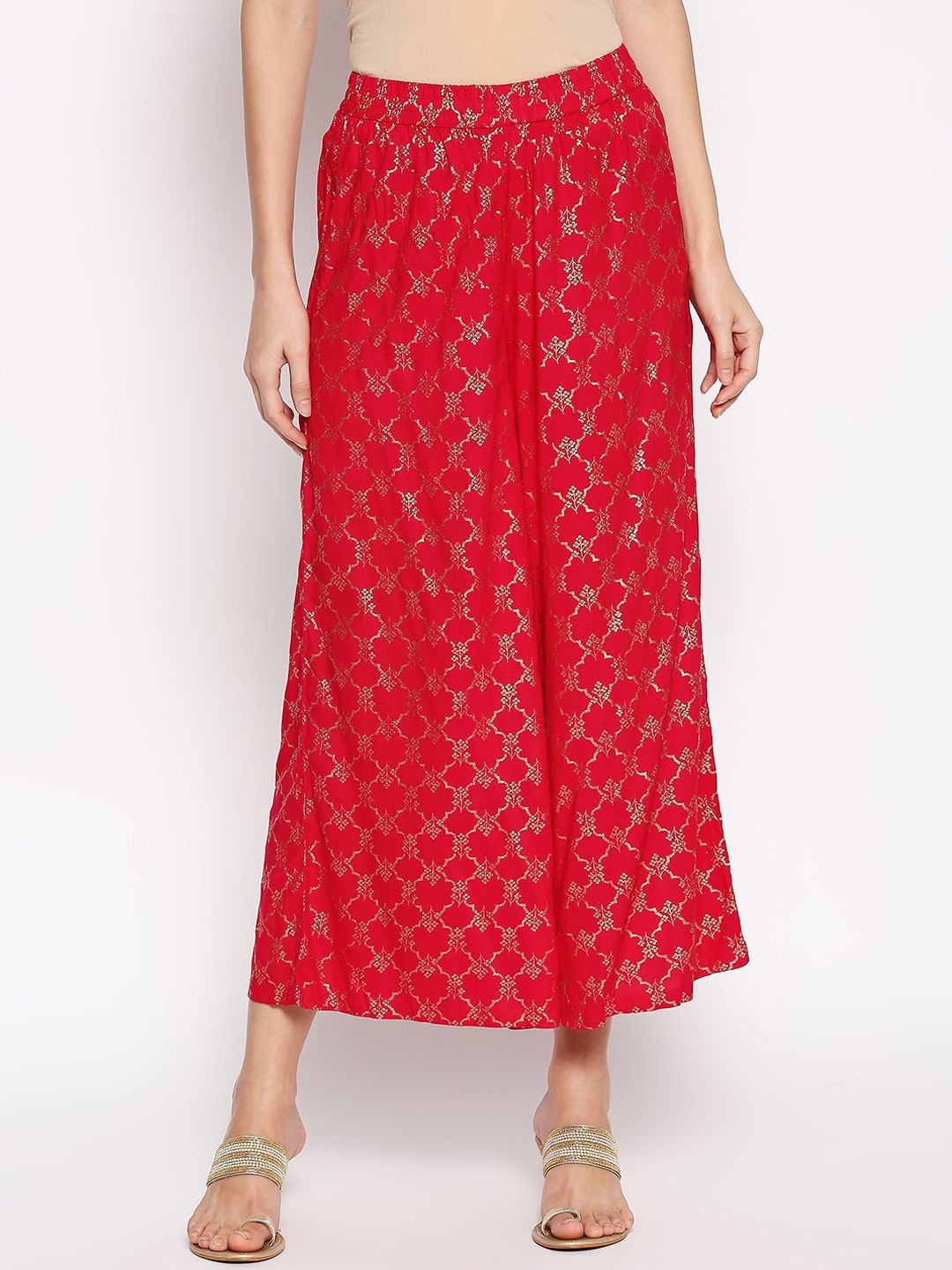 RANGMANCH BY PANTALOONS Women Red Printed Wide Leg Palazzos Price in India