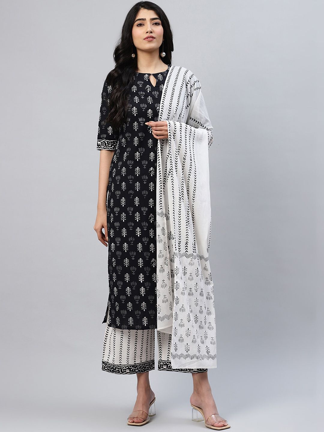 Libas Women Black & White Printed Kurti with Palazzos & Dupatta