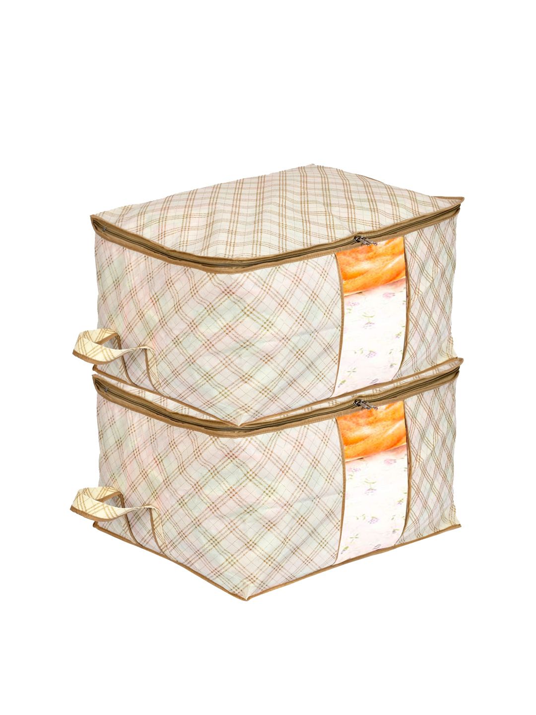 Kuber Industries Set Of 2 Cream-Color & Brown Metallic Checked Under Bed Storage Bags Price in India