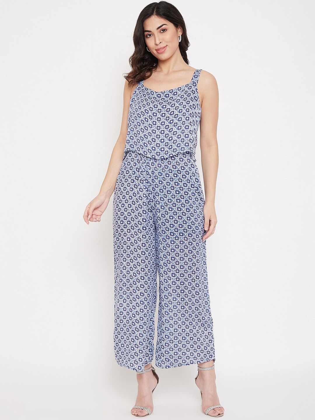 Ruhaans Women Blue & White Printed Basic Jumpsuit Price in India