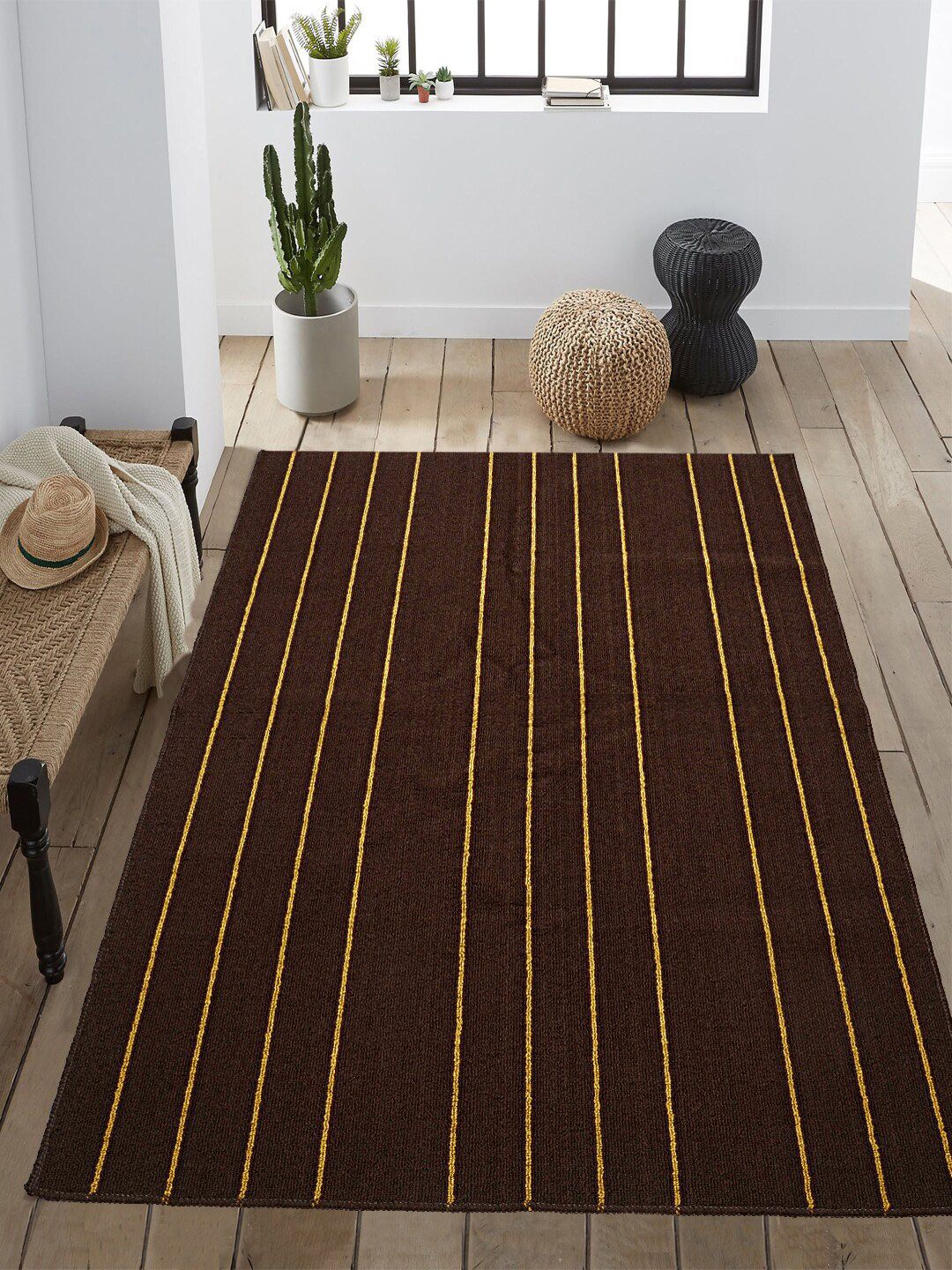 Saral Home Brown & Yellow Striped Carpet Price in India