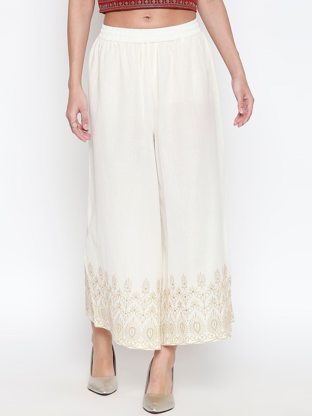 RANGMANCH BY PANTALOONS Women Off-White & Gold-Toned Hem Design Straight Palazzos