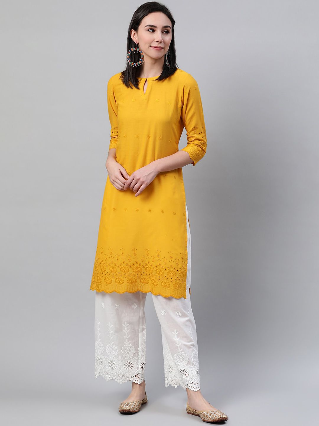 Libas Women Yellow Keyhole Neck Thread Work Kurta Price in India