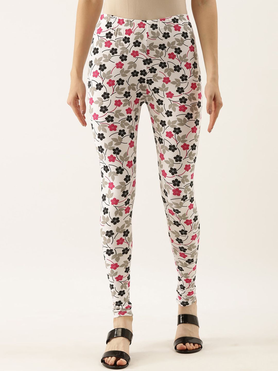 Souchii Women White & Pink Printed Slim-Fit Ankle-Length Leggings Price in India