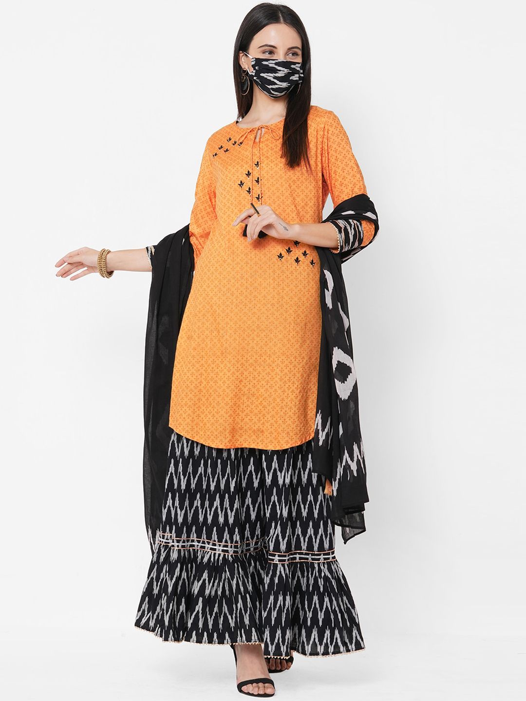 FASHOR Women Mustard Yellow & Black Printed Kurta Set with Dupatta & Mask