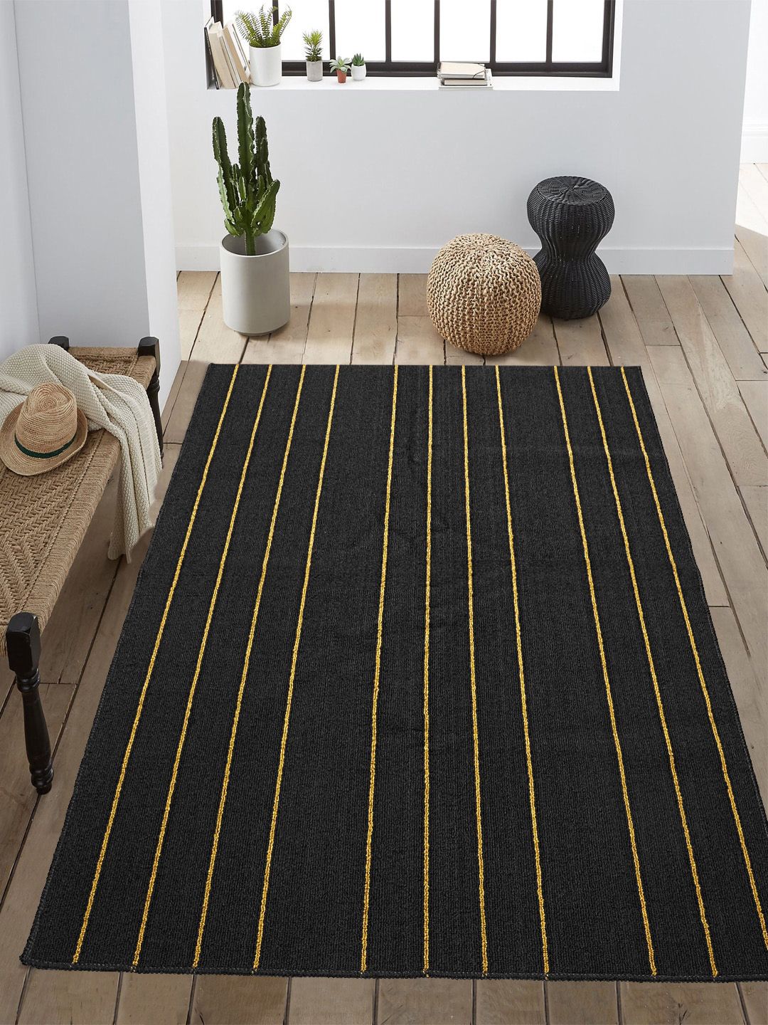 Saral Home Black & Yellow Striped Polypropylene Carpet Price in India