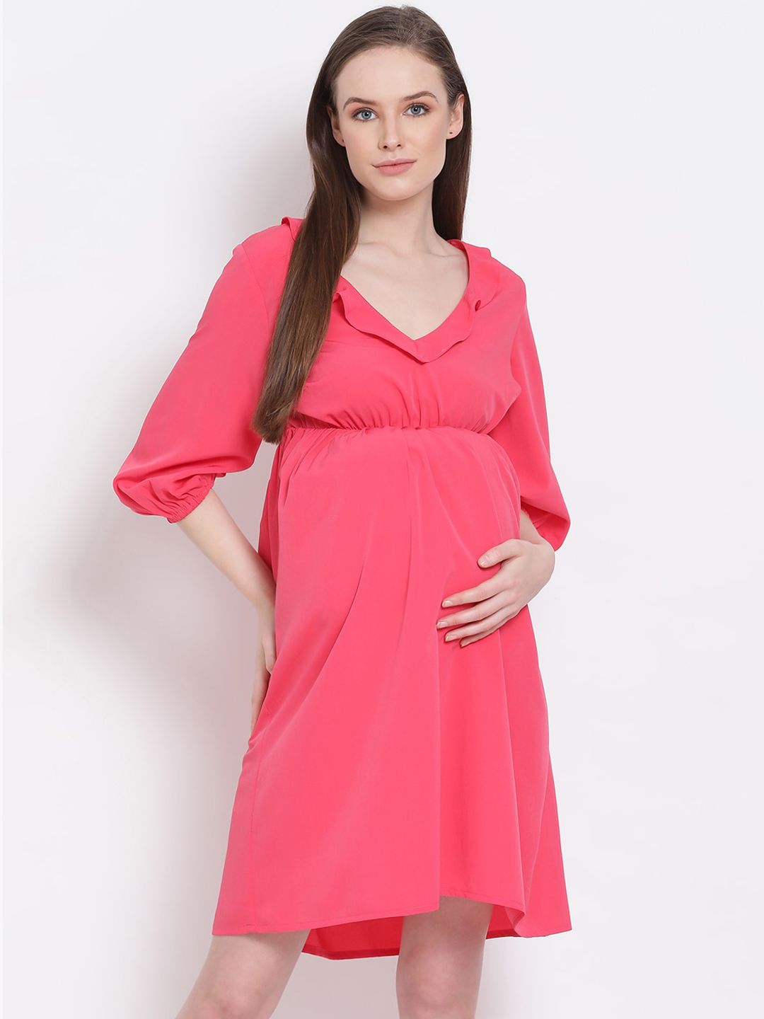 Oxolloxo Women Pink Solid Empire Maternity Dress Price in India