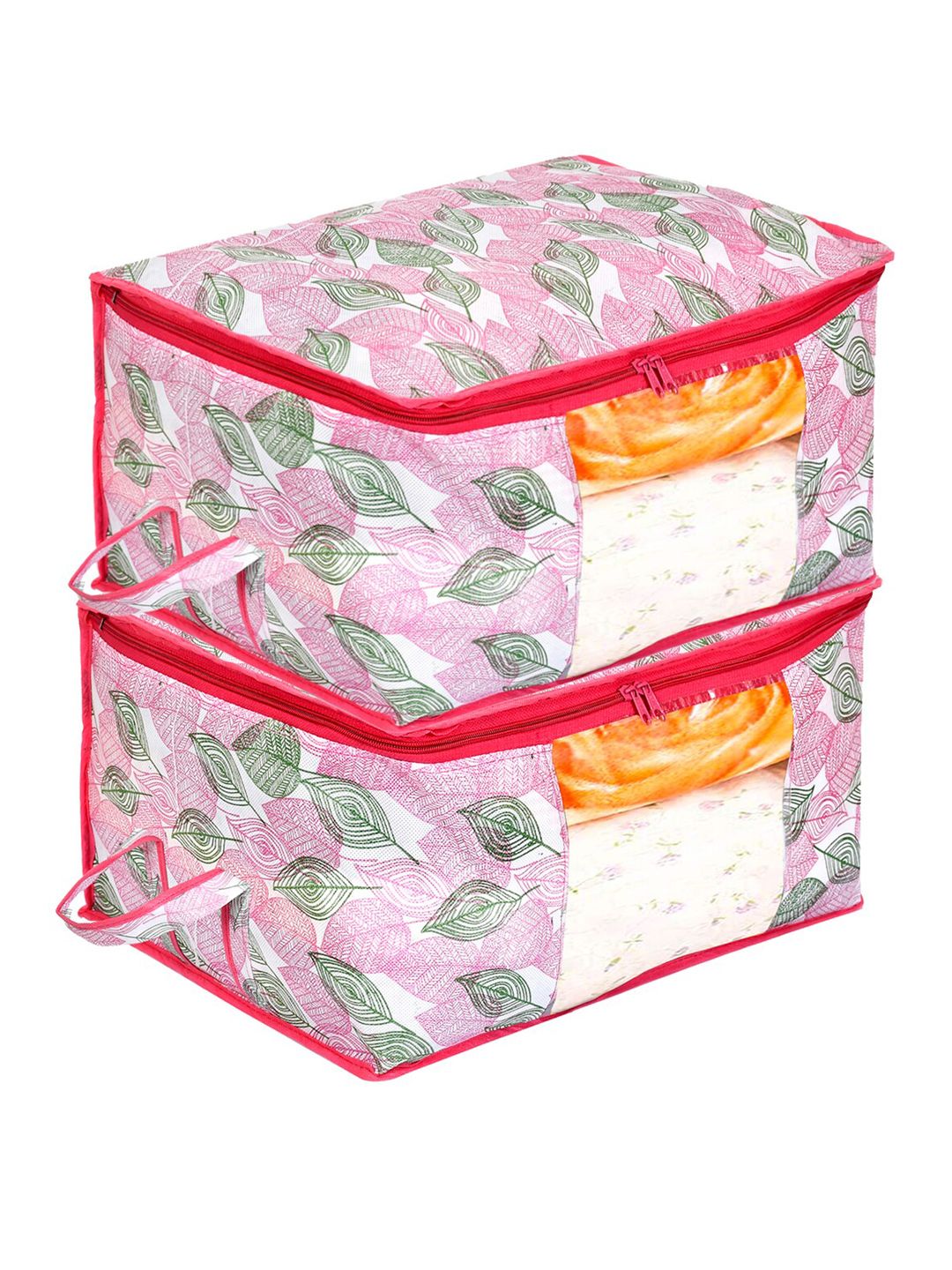 Kuber Industries Set Of 2 Pink & Green Metallic Leafy Print N Under Bed Storage Bag Price in India