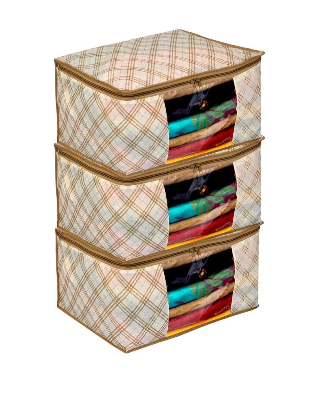 Kuber Industries Set Of 3 Cream-Coloured & Brown Metallic Checked Printed Saree Organisers Price in India