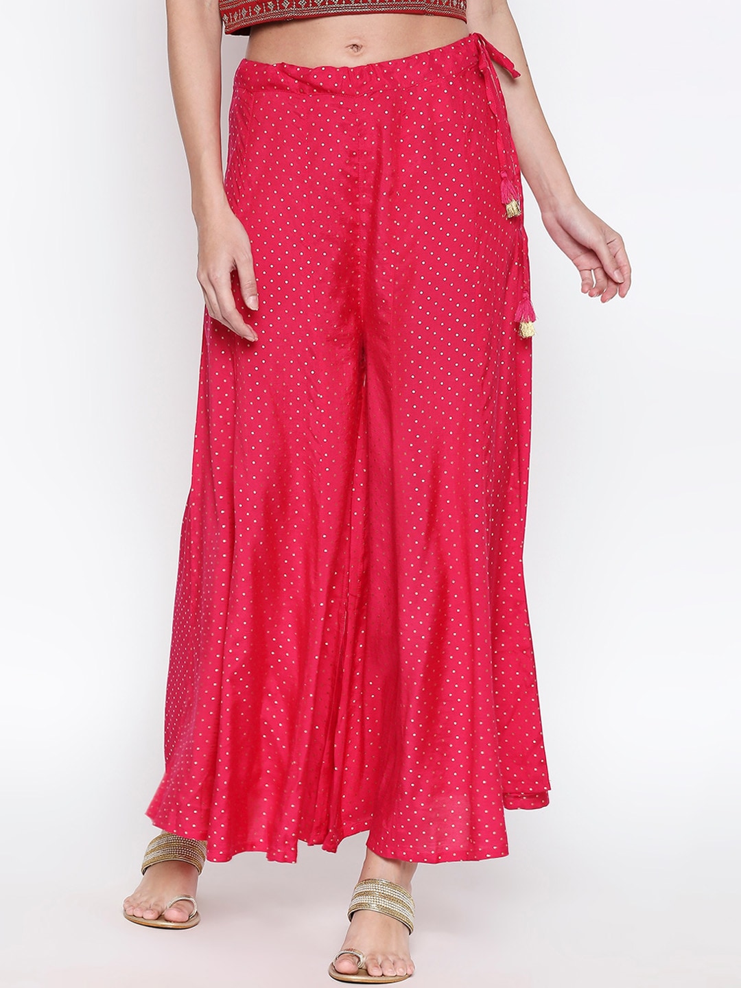 RANGMANCH BY PANTALOONS Women Fuchsia Pink & Gold-Toned Printed Flared Palazzos Price in India