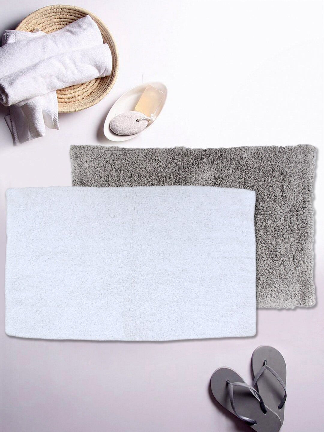 AVI Living Set Of 2 Grey & White Solid 700 GSM Bath Rugs Price in India