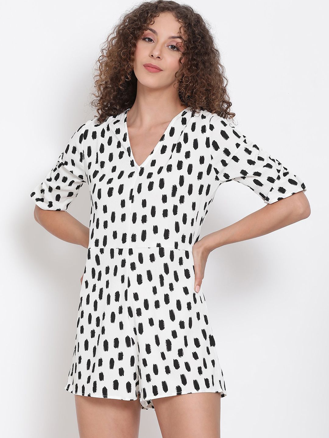 Oxolloxo Women White & Black Printed Playsuit Price in India