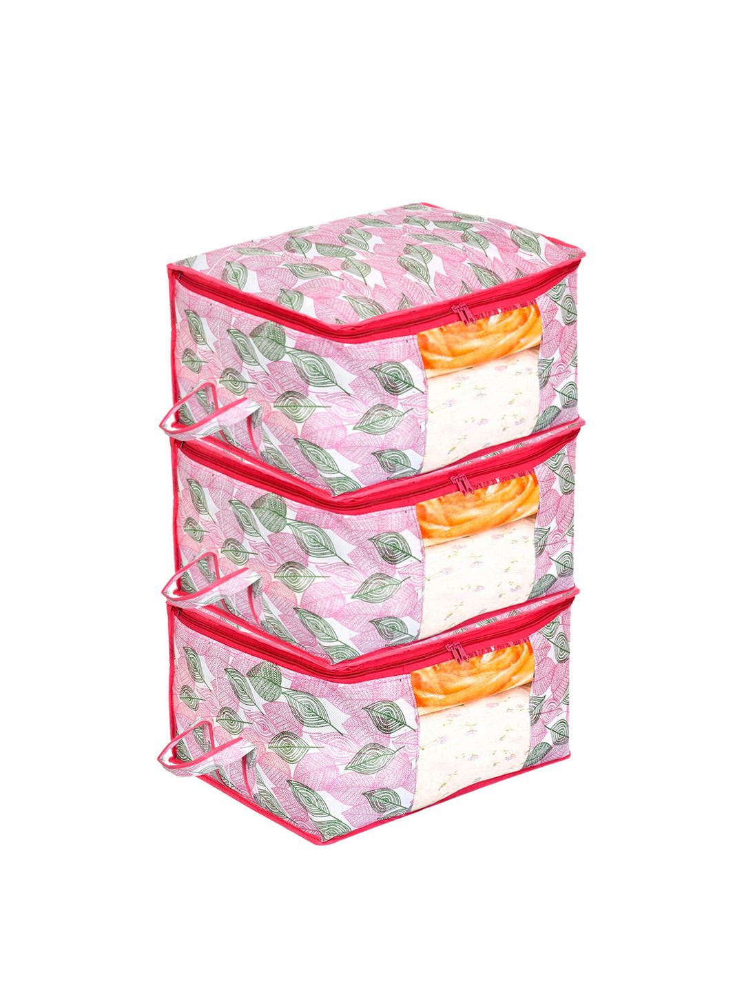 Kuber Industries Set of 3 Pink & Grey Metallic Leaf Printed Clothes Organisers Price in India