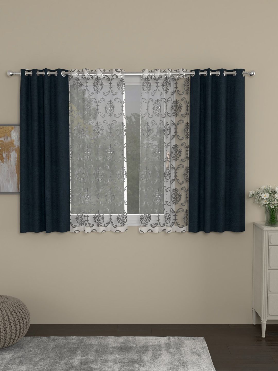 ROSARA HOME Navy Blue & White Set of 4 Room Darkening Window Curtains Price in India