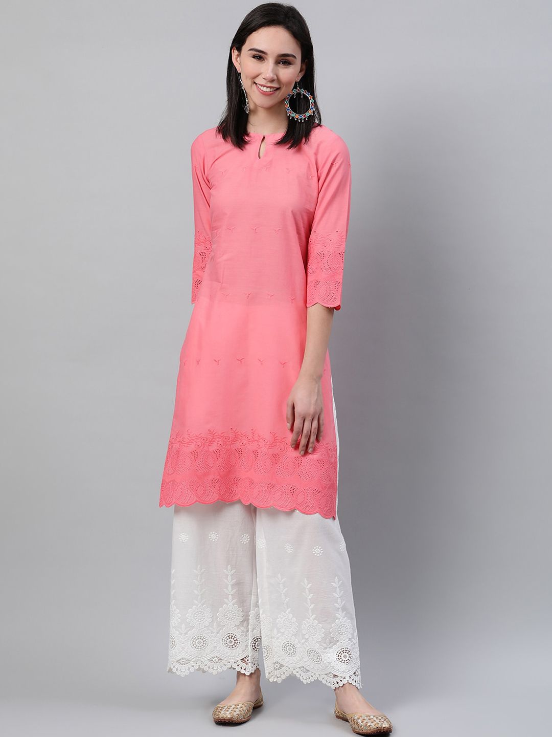 Libas Women Pink Floral Embroidered Keyhole Neck Thread Work Kurta Price in India