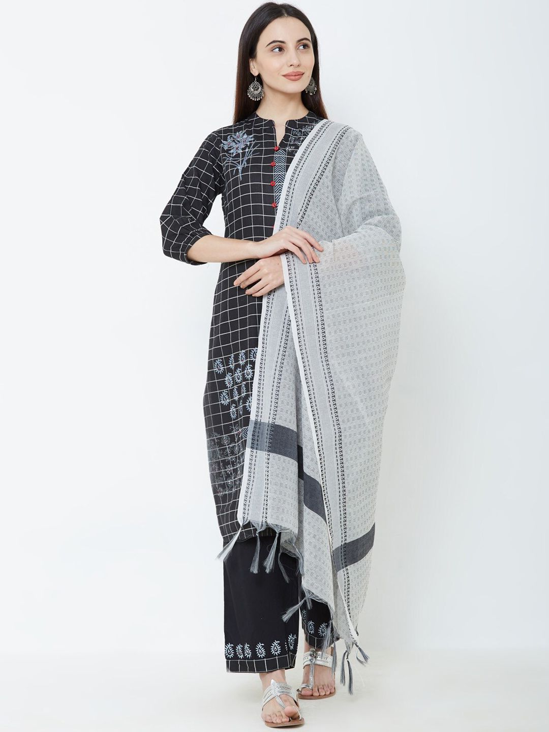 FASHOR Women Black & White Checked Kurta with Salwar & Dupatta