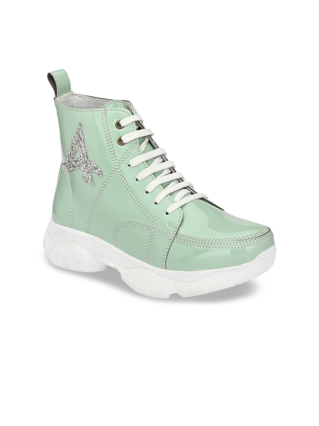 AfroJack Women Green & Off White Synthetic Leather Mid-Top Sneakers Price in India