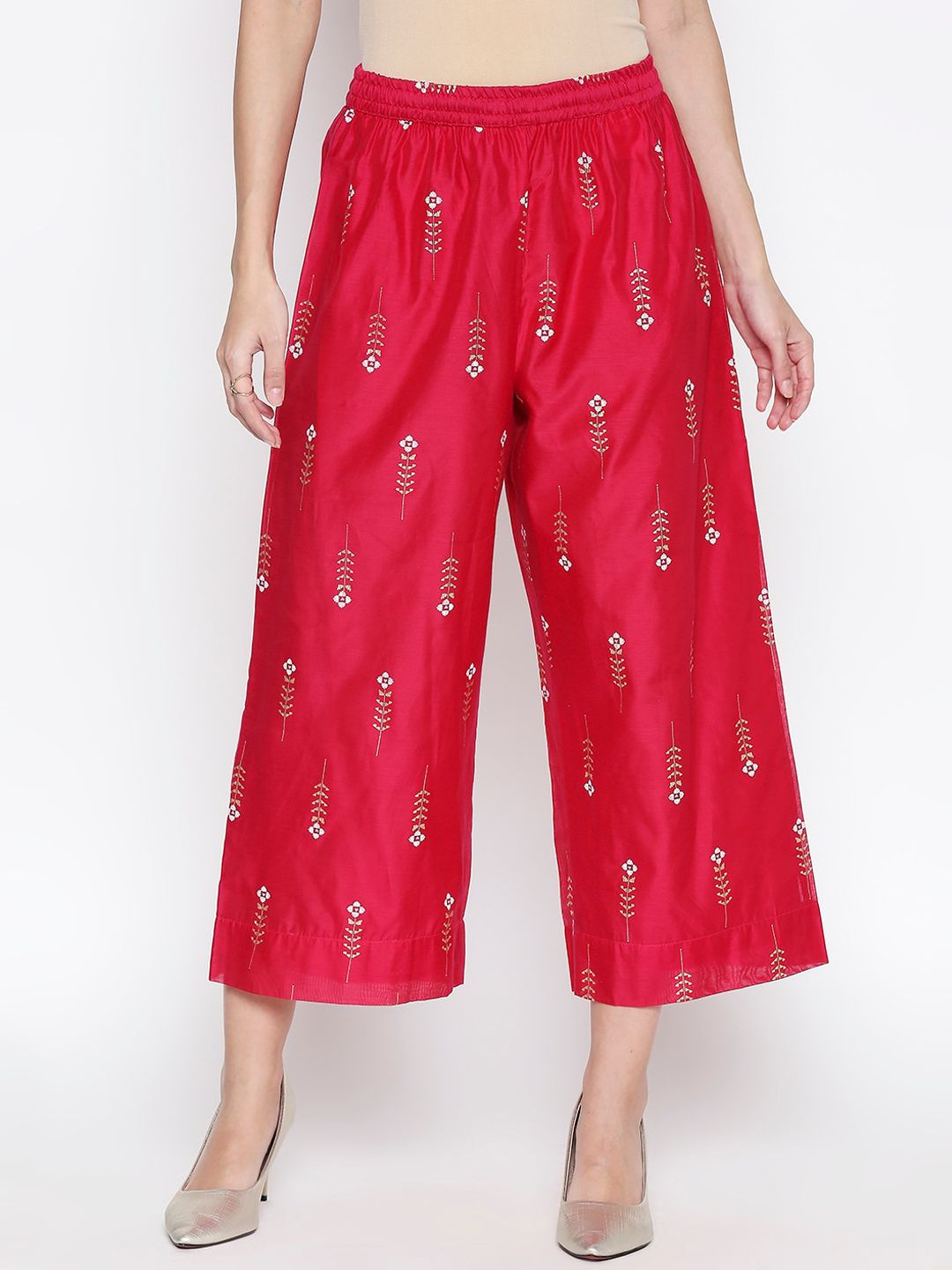 RANGMANCH BY PANTALOONS Women Pink & Silver-Toned Printed Straight Palazzos